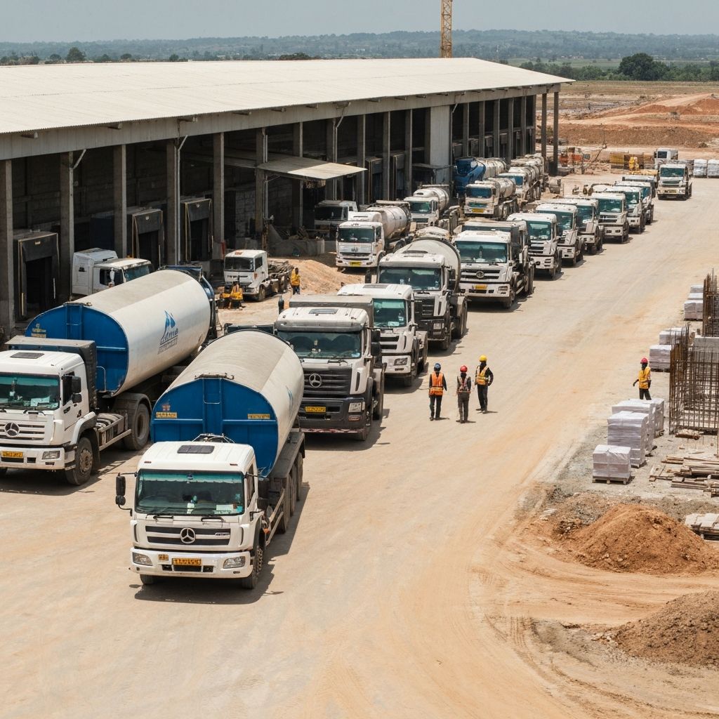 Cemtex Supply warehouse with cement bags and delivery trucks in Kenya